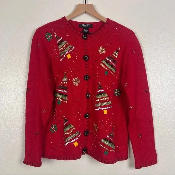 Planet & Company Red Christmas Tree Cardigan - Picture 1 of 8